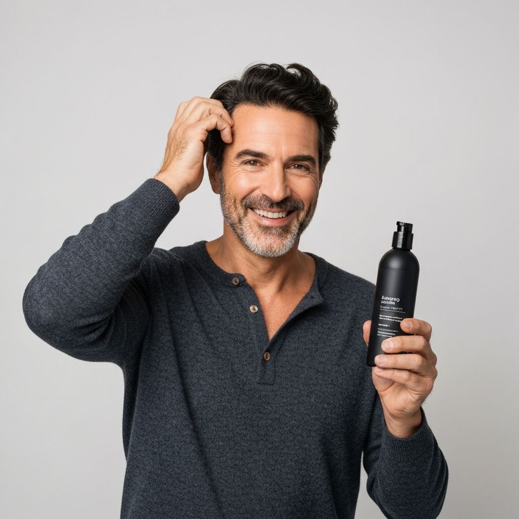 Confident man with healthy thick hair holding Spartan shampoo